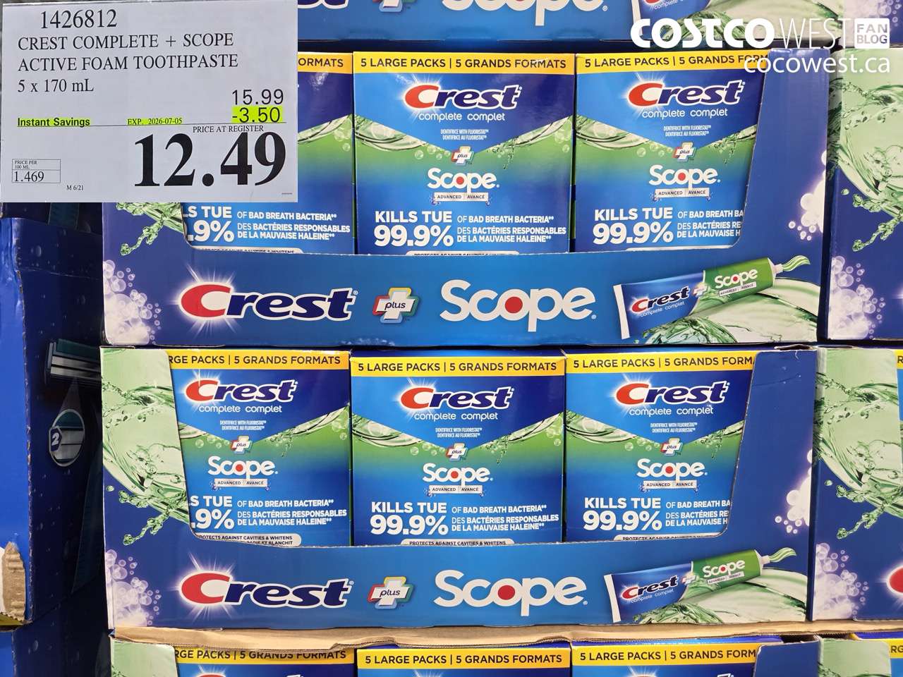 1426812 CREST COMPLETE + SCOPE ACTIVE FOAM TOOTHPASTE 5 X 170 ML ($3.50 INSTANT SAVINGS EXPIRES ON 2026-07-05) $12.49