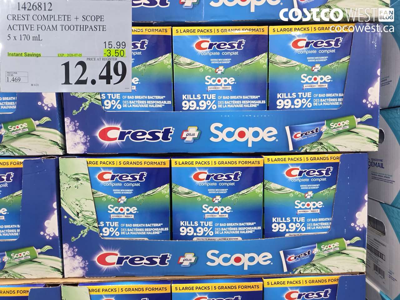 1426812 CREST COMPLETE + SCOPE ACTIVE FOAM TOOTHPASTE 5 X 170 ML ($3.50 INSTANT SAVINGS EXPIRES ON 2026-07-05) $12.49