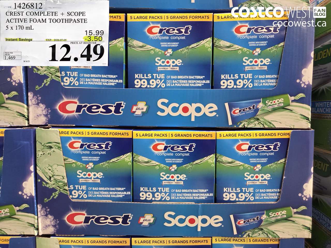 1426812 CREST COMPLETE + SCOPE ACTIVE FOAM TOOTHPASTE 5 X 170 ML ($3.50 INSTANT SAVINGS EXPIRES ON 2026-07-05) $12.49