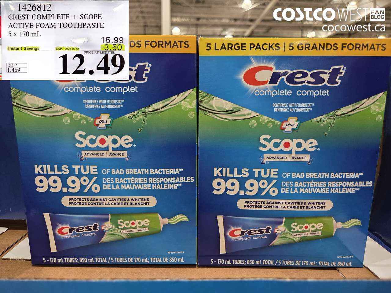 1426812 CREST COMPLETE + SCOPE ACTIVE FOAM TOOTHPASTE 5 X 170 ML ($3.50 INSTANT SAVINGS EXPIRES ON 2026-07-05) $12.49