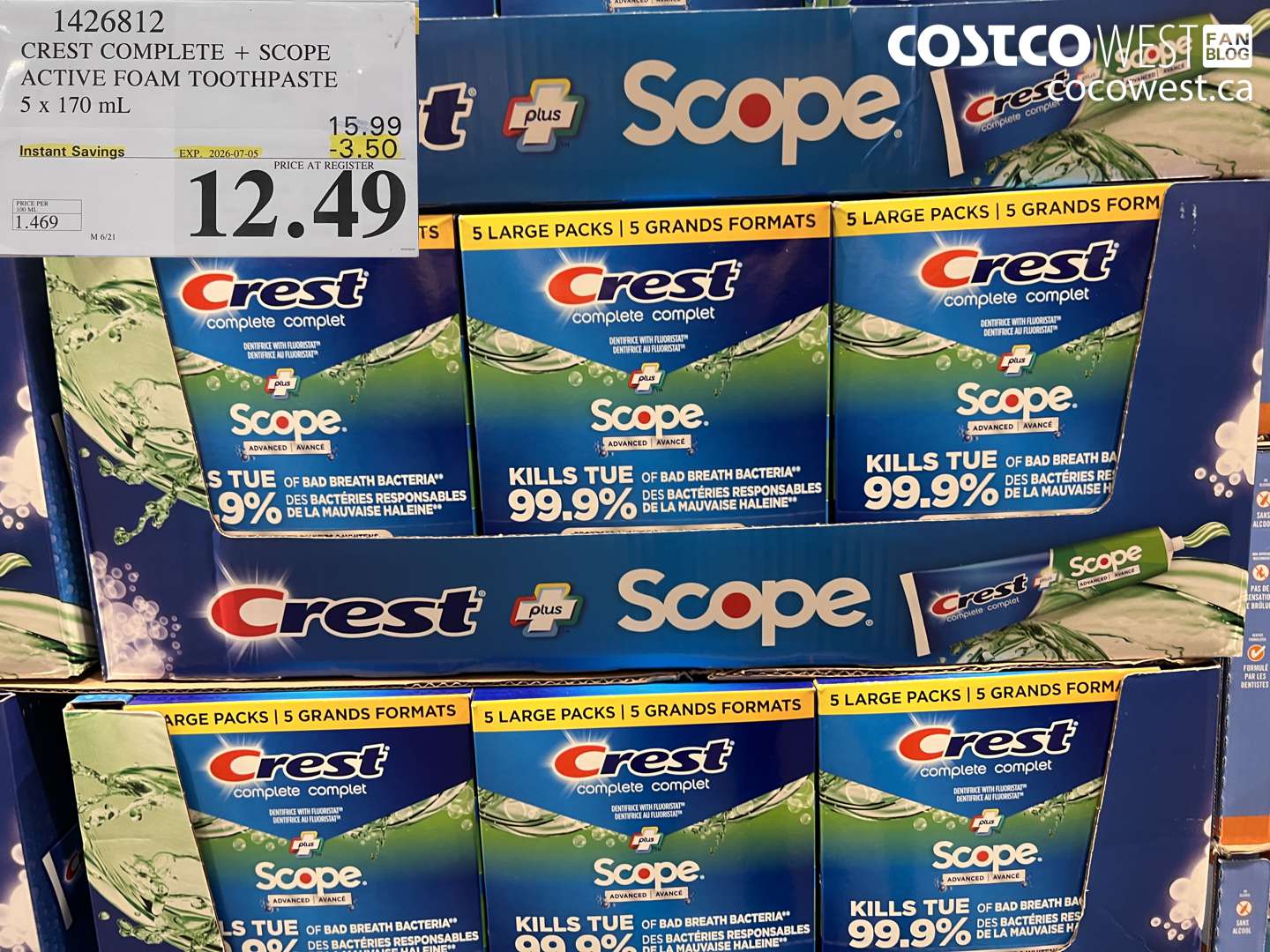 1426812 CREST COMPLETE + SCOPE ACTIVE FOAM TOOTHPASTE 5 X 170 ML ($3.50 INSTANT SAVINGS EXPIRES ON 2026-07-05) $12.49