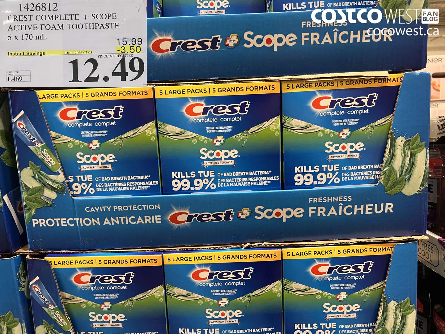 1426812 CREST COMPLETE + SCOPE ACTIVE FOAM TOOTHPASTE 5 X 170 ML ($3.50 INSTANT SAVINGS EXPIRES ON 2026-07-05) $12.49