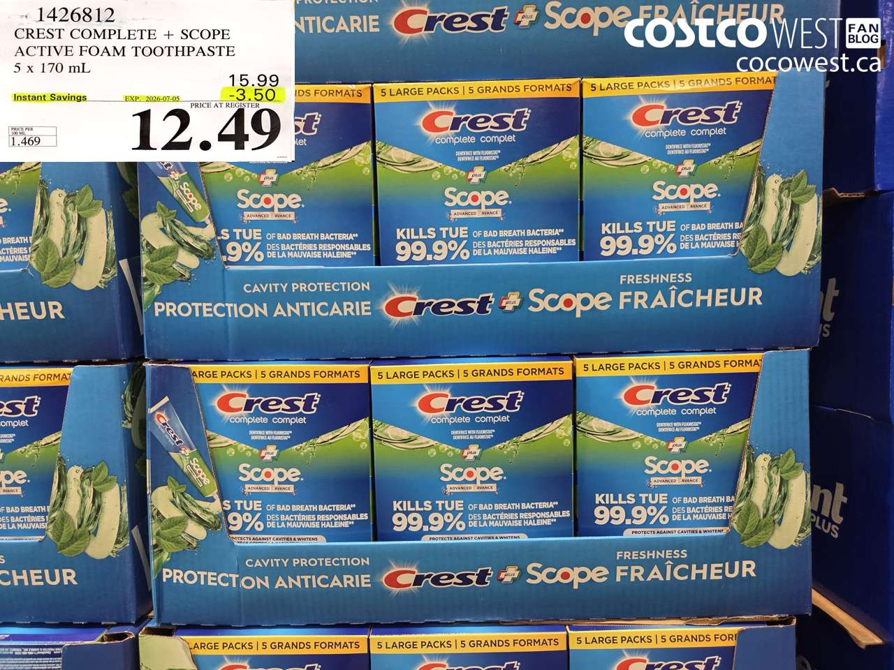 1426812 CREST COMPLETE + SCOPE ACTIVE FOAM TOOTHPASTE 5 X 170 ML ($3.50 INSTANT SAVINGS EXPIRES ON 2026-07-05) $12.49