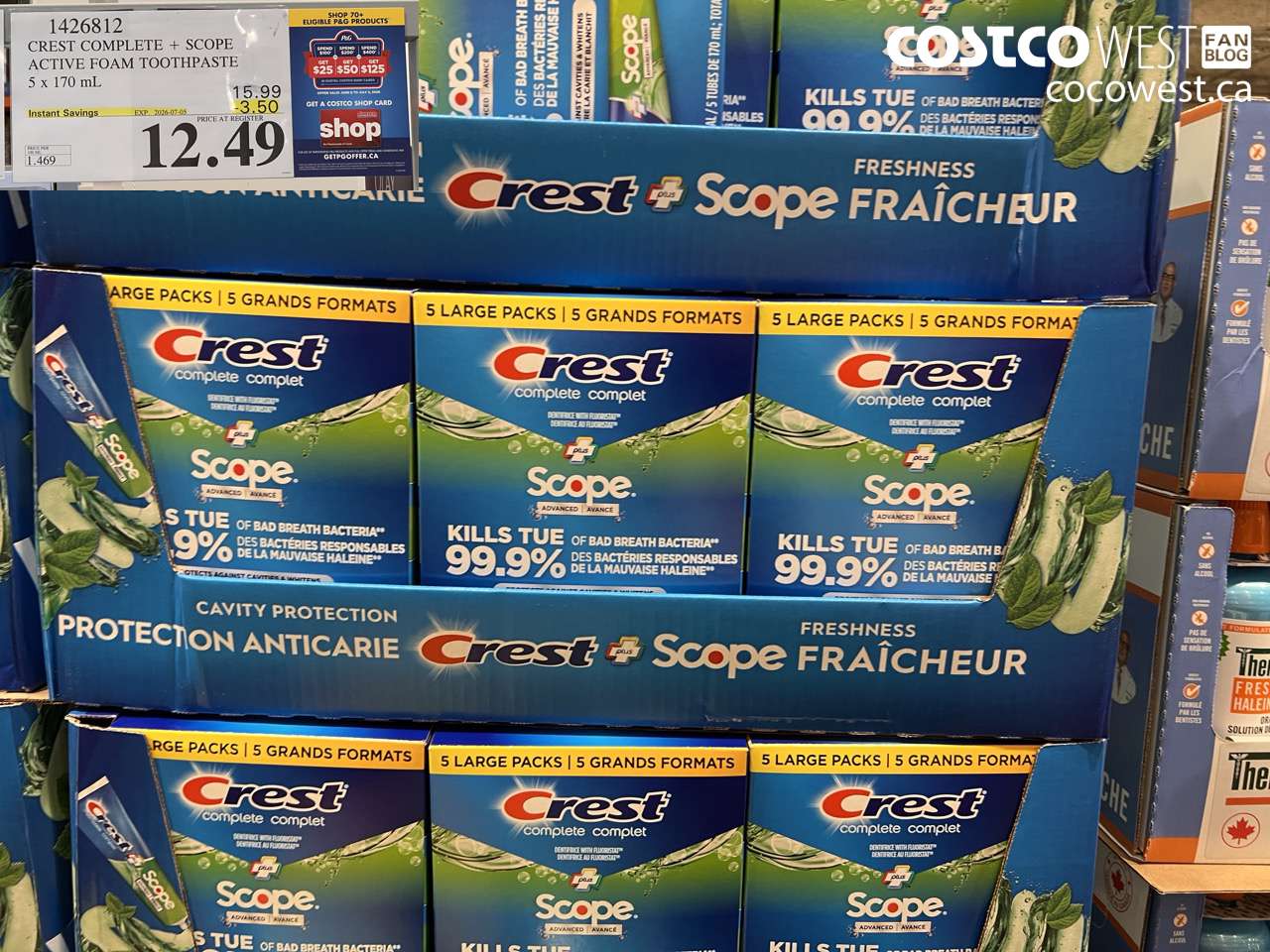 1426812 CREST COMPLETE + SCOPE ACTIVE FOAM TOOTHPASTE 5 X 170 ML ($3.50 INSTANT SAVINGS EXPIRES ON 2026-07-05) $12.49