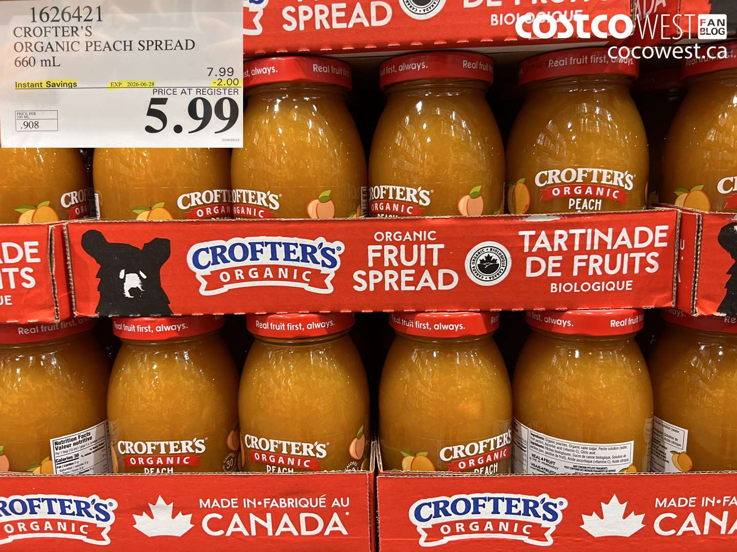 1626421 CROFTER'S ORGANIC PEACH SPREAD 660 ML ($2.00 INSTANT SAVINGS EXPIRES ON 2026-06-28) $5.99