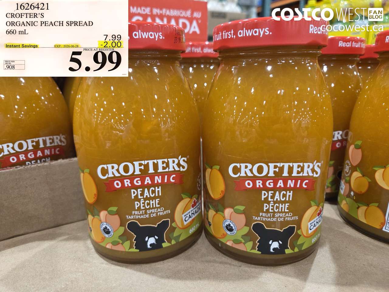 1626421 CROFTER'S ORGANIC PEACH SPREAD 660 ML ($2.00 INSTANT SAVINGS EXPIRES ON 2026-06-28) $5.99