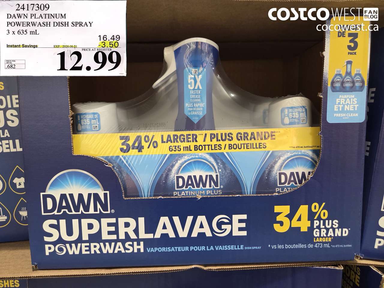 2417309 DAWN PLATINUM POWERWASH DISH SPRAY 3 X 635 ML ($3.50 INSTANT SAVINGS EXPIRES ON 2026-06-21) $12.99