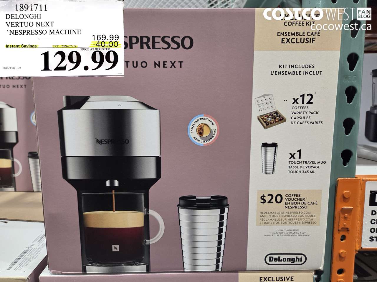 1891711 DELONGHI VERTUO NEXT NESPRESSO MACHINE ($40.00 INSTANT SAVINGS EXPIRES ON 2026-07-05) $129.99