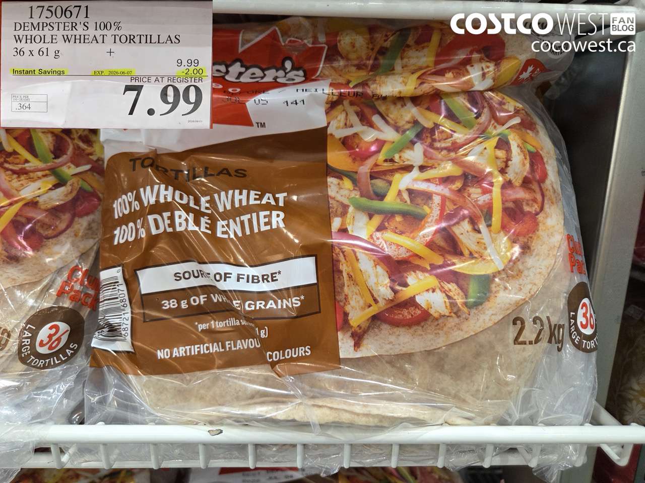 1750671 DEMPSTER'S 100% WHOLE WHEAT TORTILLAS 36 X 61 G ($2.00 INSTANT SAVINGS EXPIRES ON 2026-06-07) $7.99