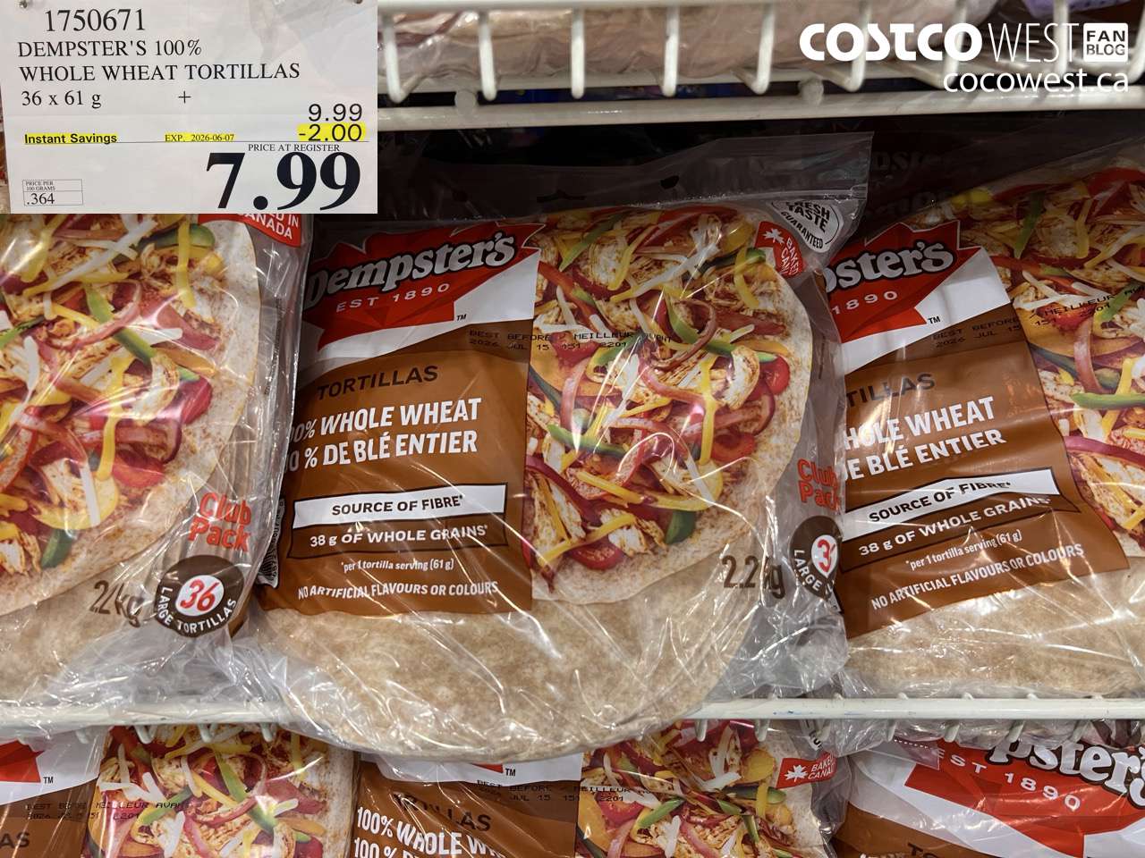 1750671 DEMPSTER'S 100% WHOLE WHEAT TORTILLAS 36 X 61 G ($2.00 INSTANT SAVINGS EXPIRES ON 2026-06-07) $7.99