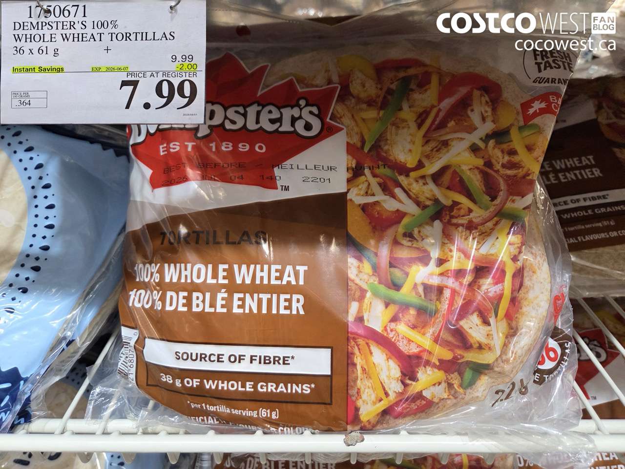 1750671 DEMPSTER'S 100% WHOLE WHEAT TORTILLAS 36 X 61 G ($2.00 INSTANT SAVINGS EXPIRES ON 2026-06-07) $7.99