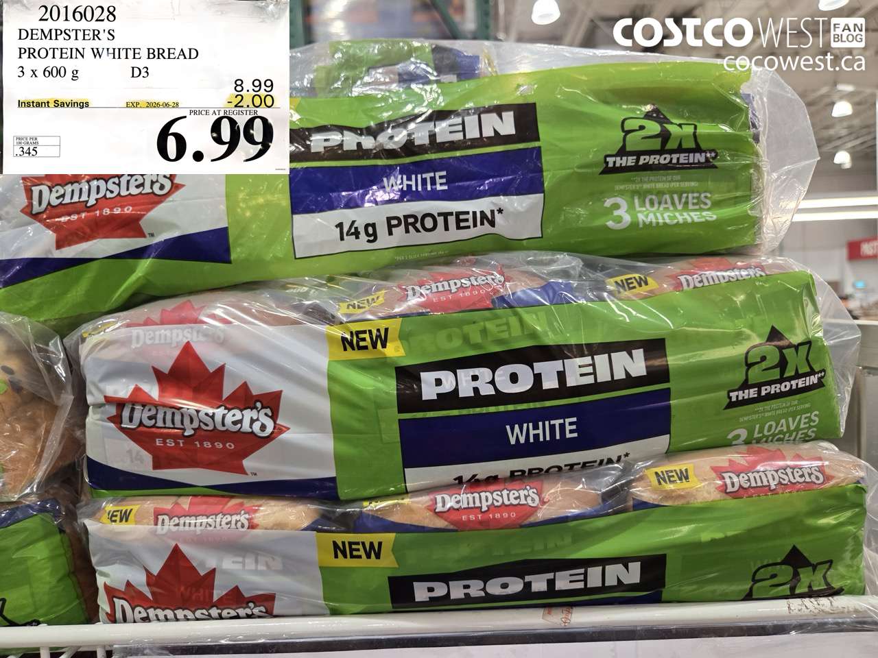 2016028 DEMPSTER'S PROTEIN WHITE BREAD 3 X 600 G ($2.00 INSTANT SAVINGS EXPIRES ON 2026-06-28) $6.99
