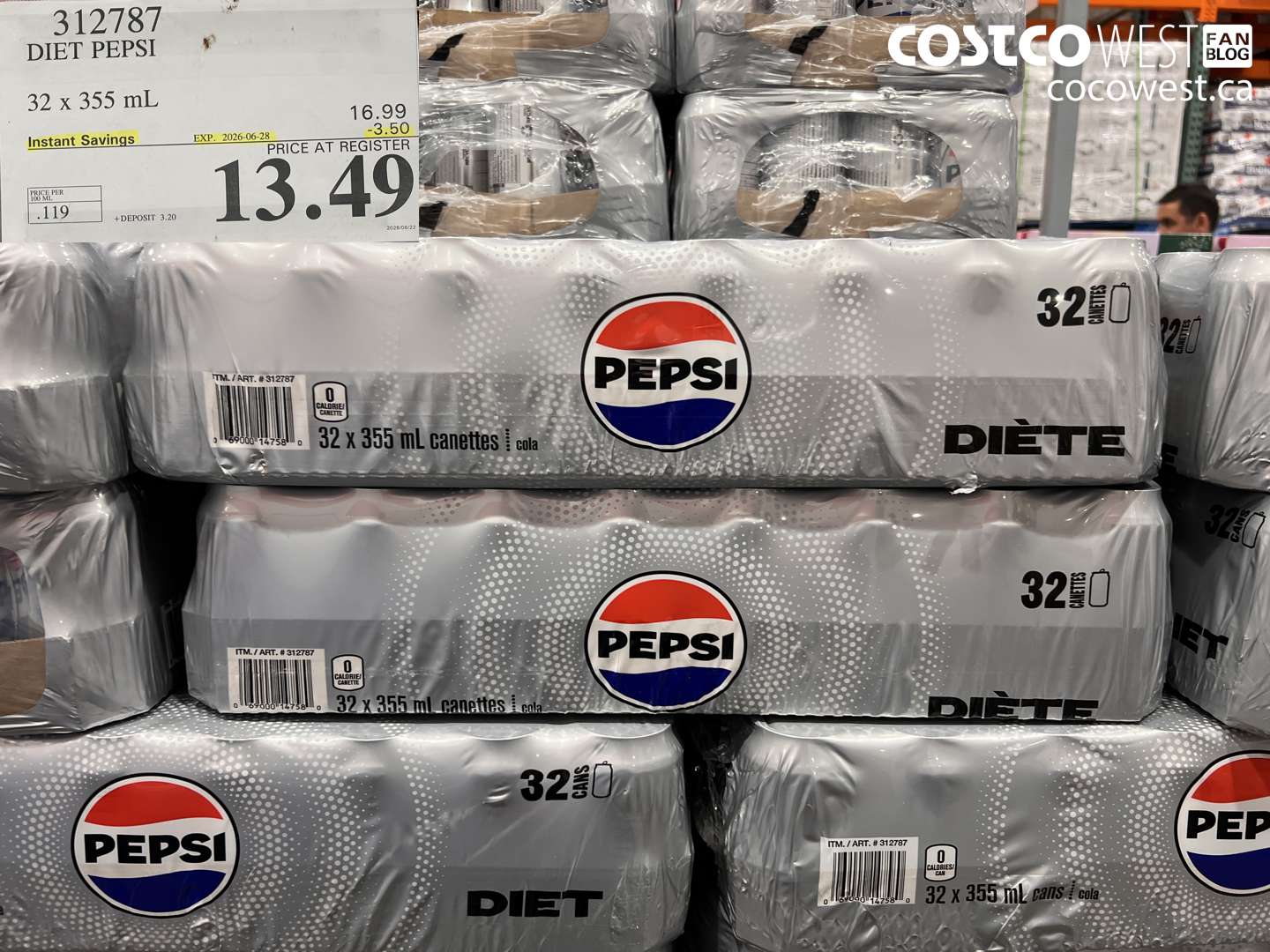 312787 DIET PEPSI 32 X 355 ML ($3.50 INSTANT SAVINGS EXPIRES ON 2026-06-28) $13.49