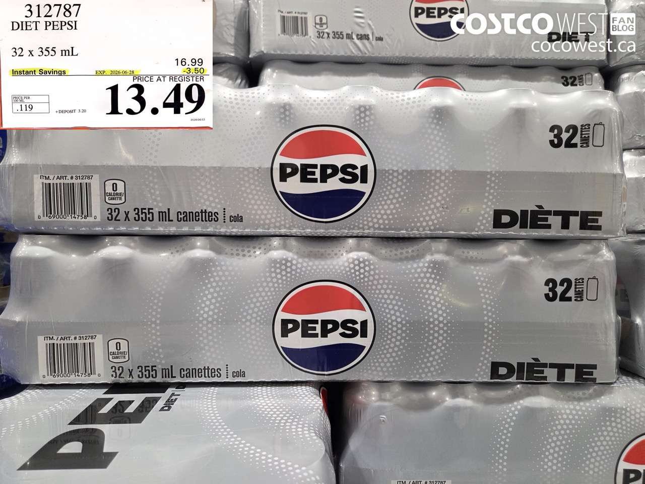 312787 DIET PEPSI 32 X 355 ML ($3.50 INSTANT SAVINGS EXPIRES ON 2026-06-28) $13.49