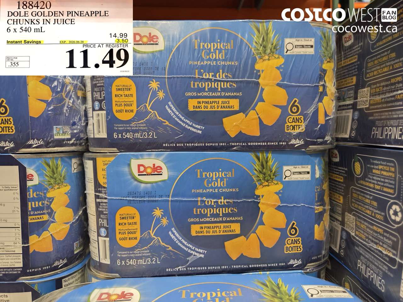 188420 DOLE GOLDEN PINEAPPLE CHUNKS IN JUICE 6 X 540 ML ($3.50 INSTANT SAVINGS EXPIRES ON 2026-06-28) $11.49