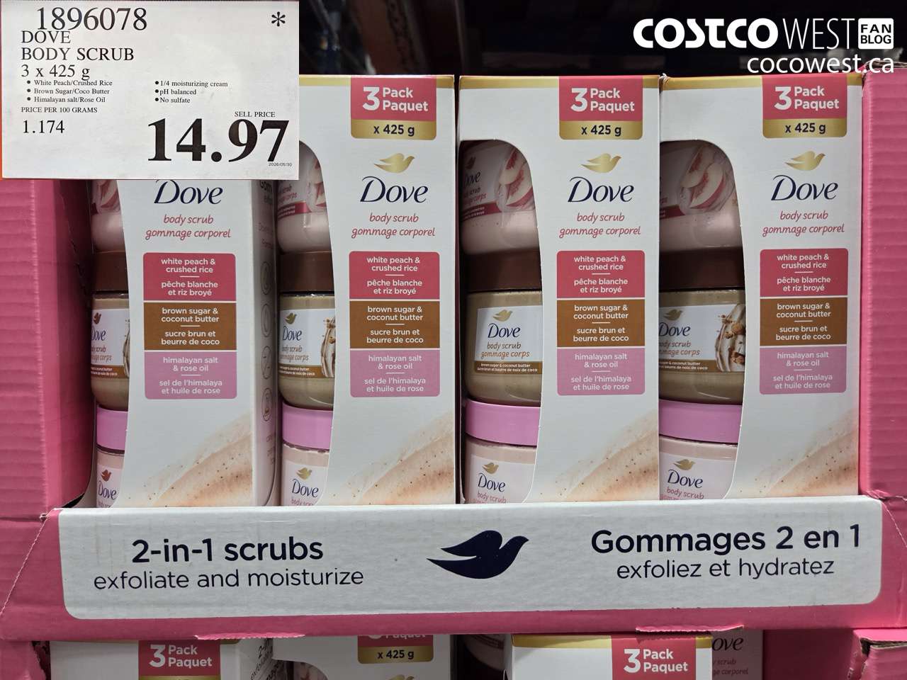 1896078 DOVE BODY SCRUB 3 X 425 G $14.97