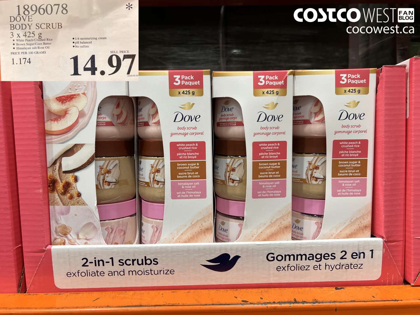 1896078 DOVE BODY SCRUB 3 X 425 G $14.97
