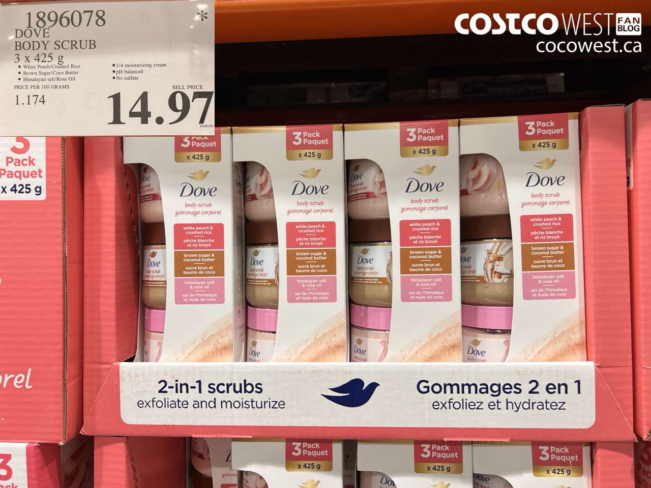 1896078 DOVE BODY SCRUB 3 X 425 G $14.97