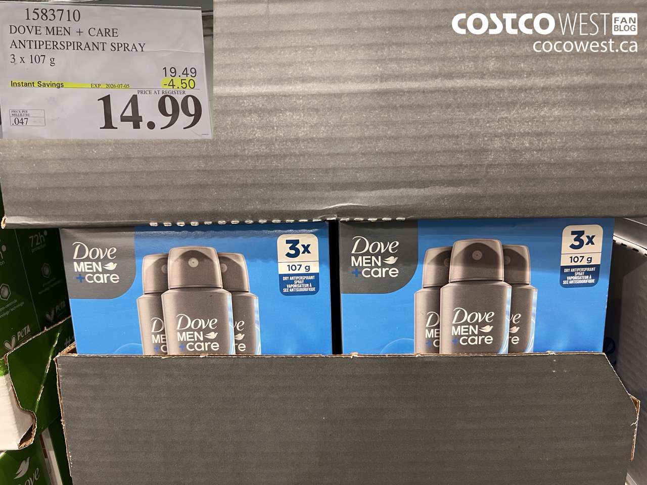 1583710 DOVE MEN + CARE ANTIPERSPIRANT SPRAY 3 X 107 G ($4.50 INSTANT SAVINGS EXPIRES ON 2026-07-05) $14.99