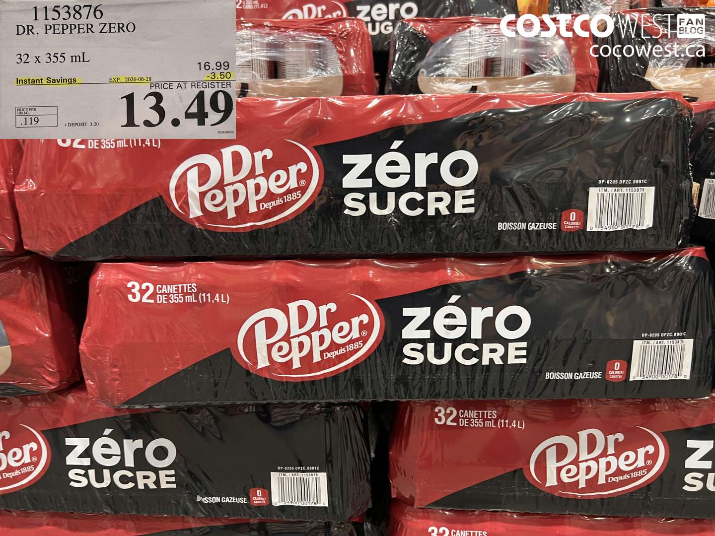 1153876 DR. PEPPER ZERO 32 X 355 ML ($3.50 INSTANT SAVINGS EXPIRES ON 2026-06-28) $13.49