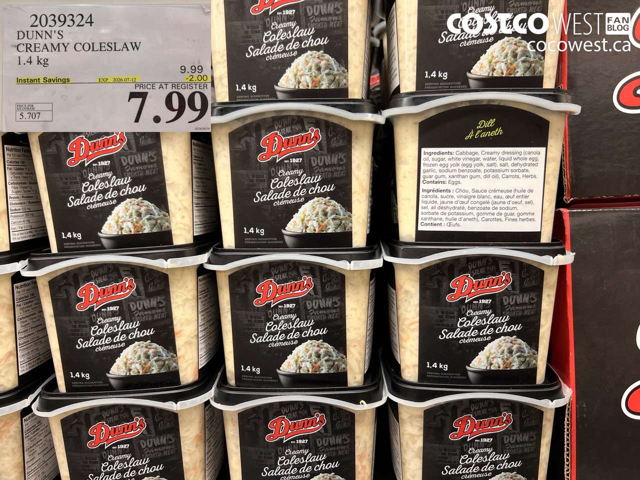 2039324 DUNN'S CREAMY COLESLAW 1.4 KG ($2.00 INSTANT SAVINGS EXPIRES ON 2026-07-12) $7.99