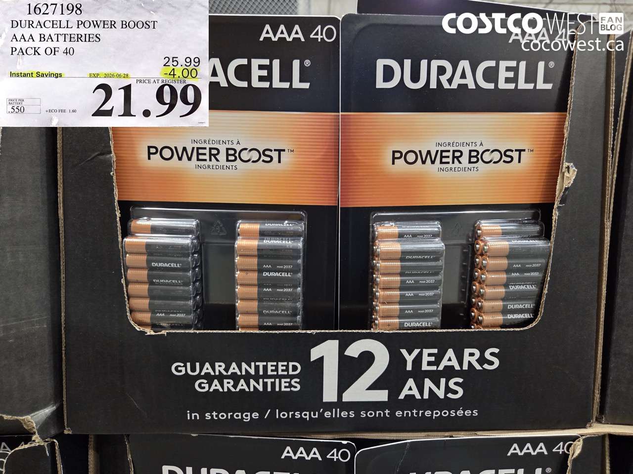 1627198 DURACELL POWER BOOST AAA BATTERIES PACK OF 40 ($4.00 INSTANT SAVINGS EXPIRES ON 2026-06-28) $21.99