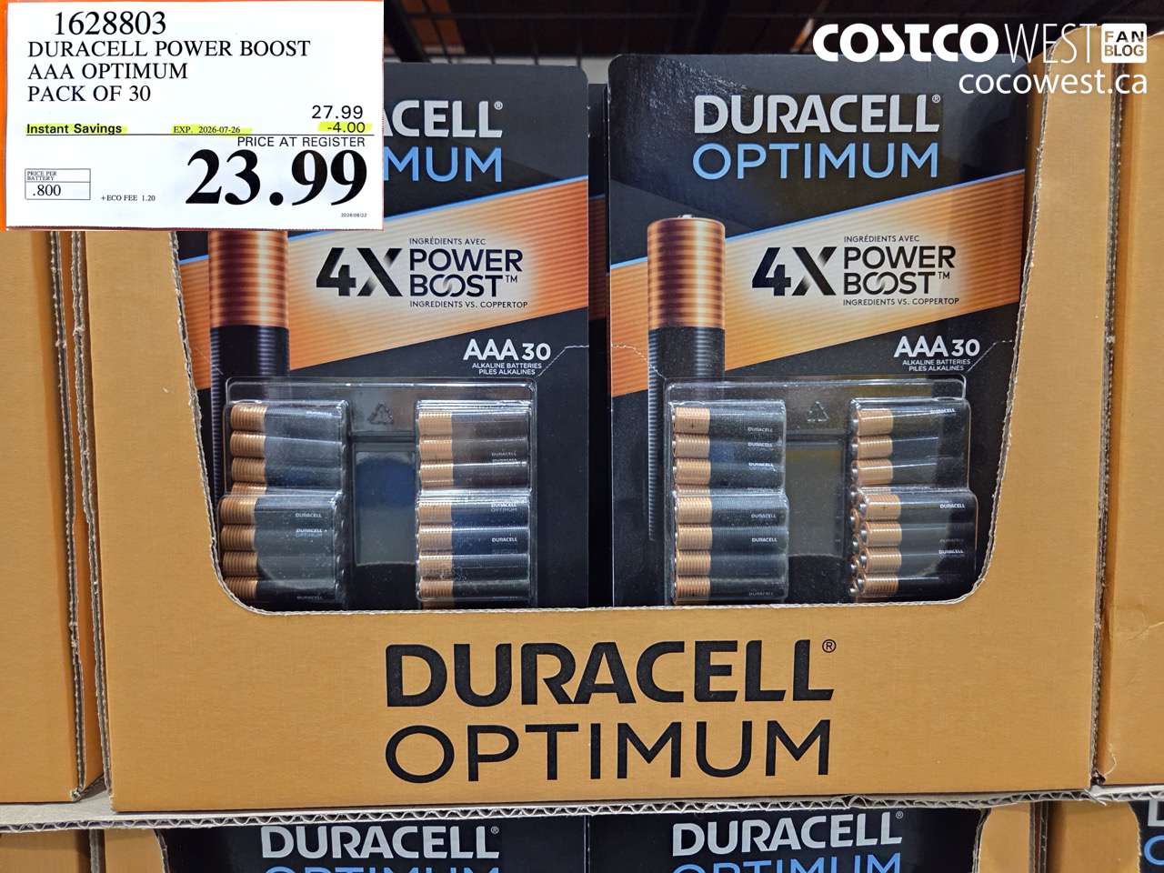 1628803 DURACELL POWER BOOST AAA OPTIMUM PACK OF 30 ($4.00 INSTANT SAVINGS EXPIRES ON 2026-07-26) $23.99