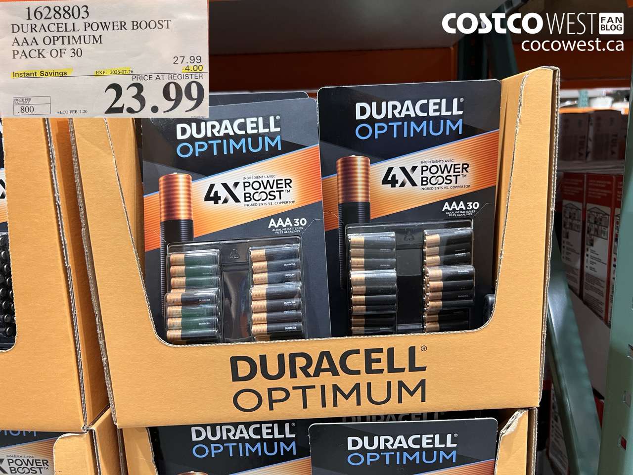 1628803 DURACELL POWER BOOST AAA OPTIMUM PACK OF 30 ($4.00 INSTANT SAVINGS EXPIRES ON 2026-07-26) $23.99