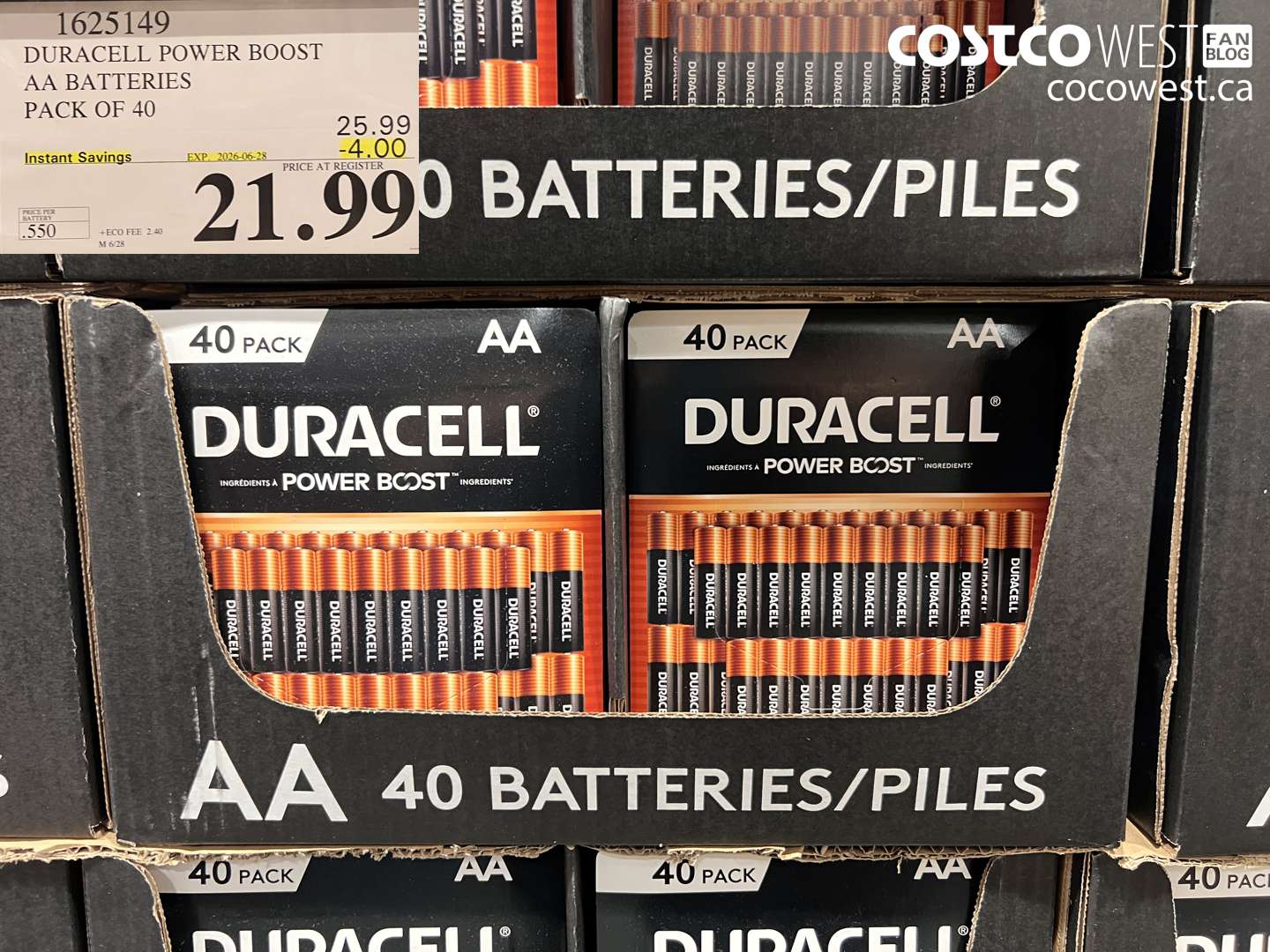 1625149 DURACELL POWER BOOST AA BATTERIES PACK OF 40 ($4.00 INSTANT SAVINGS EXPIRES ON 2026-06-28) $21.99