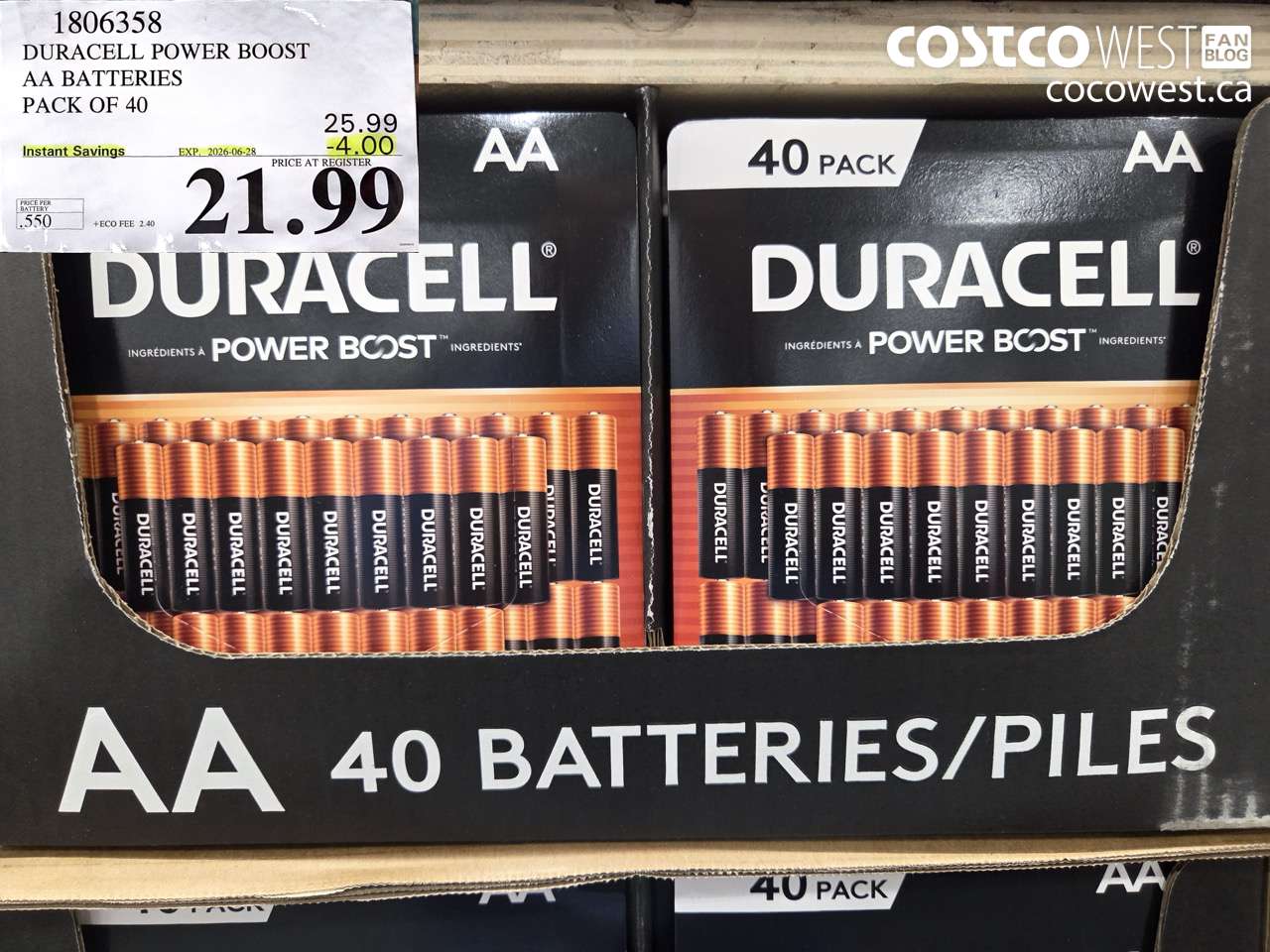 1806358 DURACELL POWER BOOST AA BATTERIES PACK OF 40 ($4.00 INSTANT SAVINGS EXPIRES ON 2026-06-28) $21.99