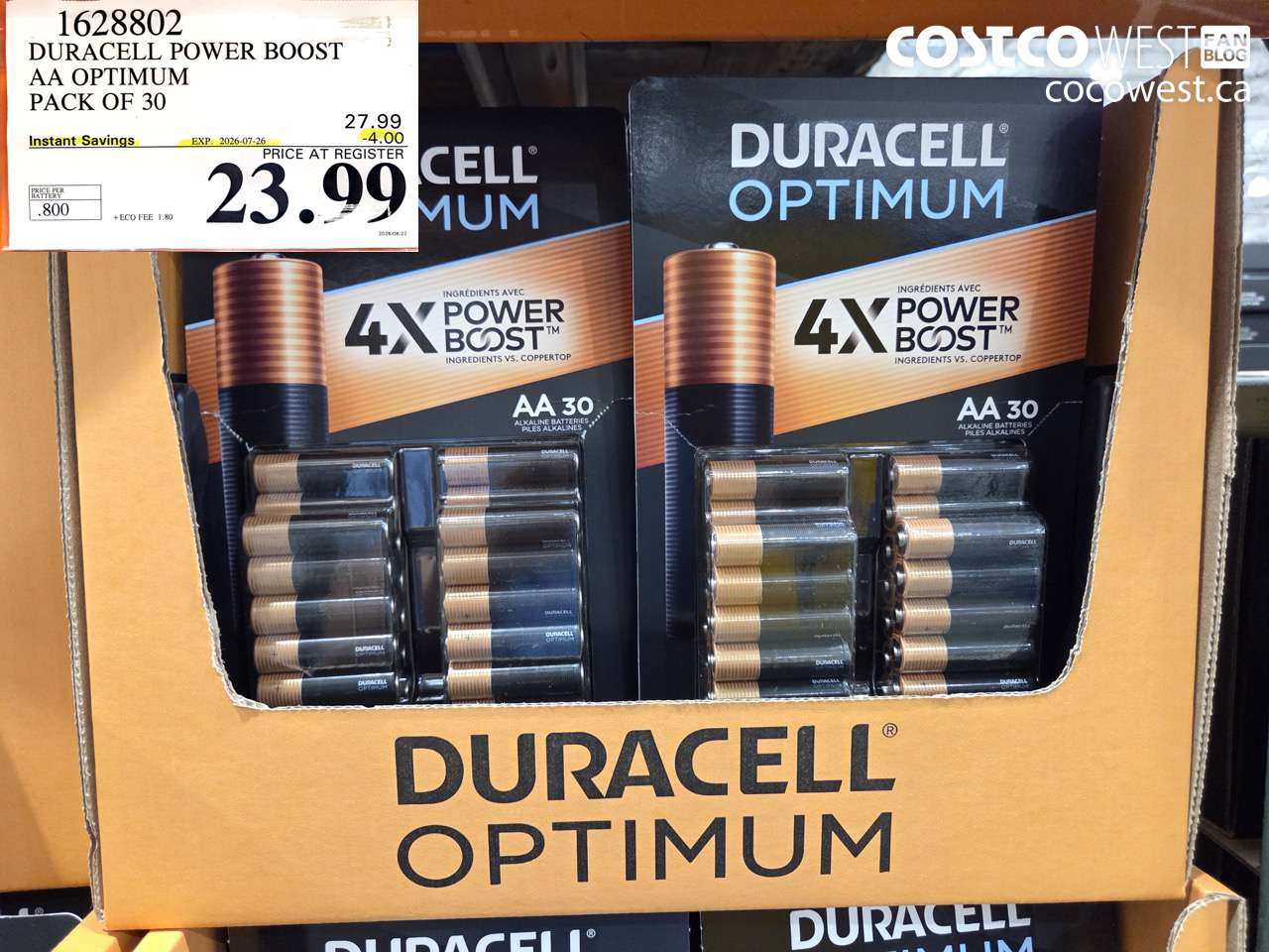 1628802 DURACELL POWER BOOST AA OPTIMUM PACK OF 30 ($4.00 INSTANT SAVINGS EXPIRES ON 2026-07-26) $23.99