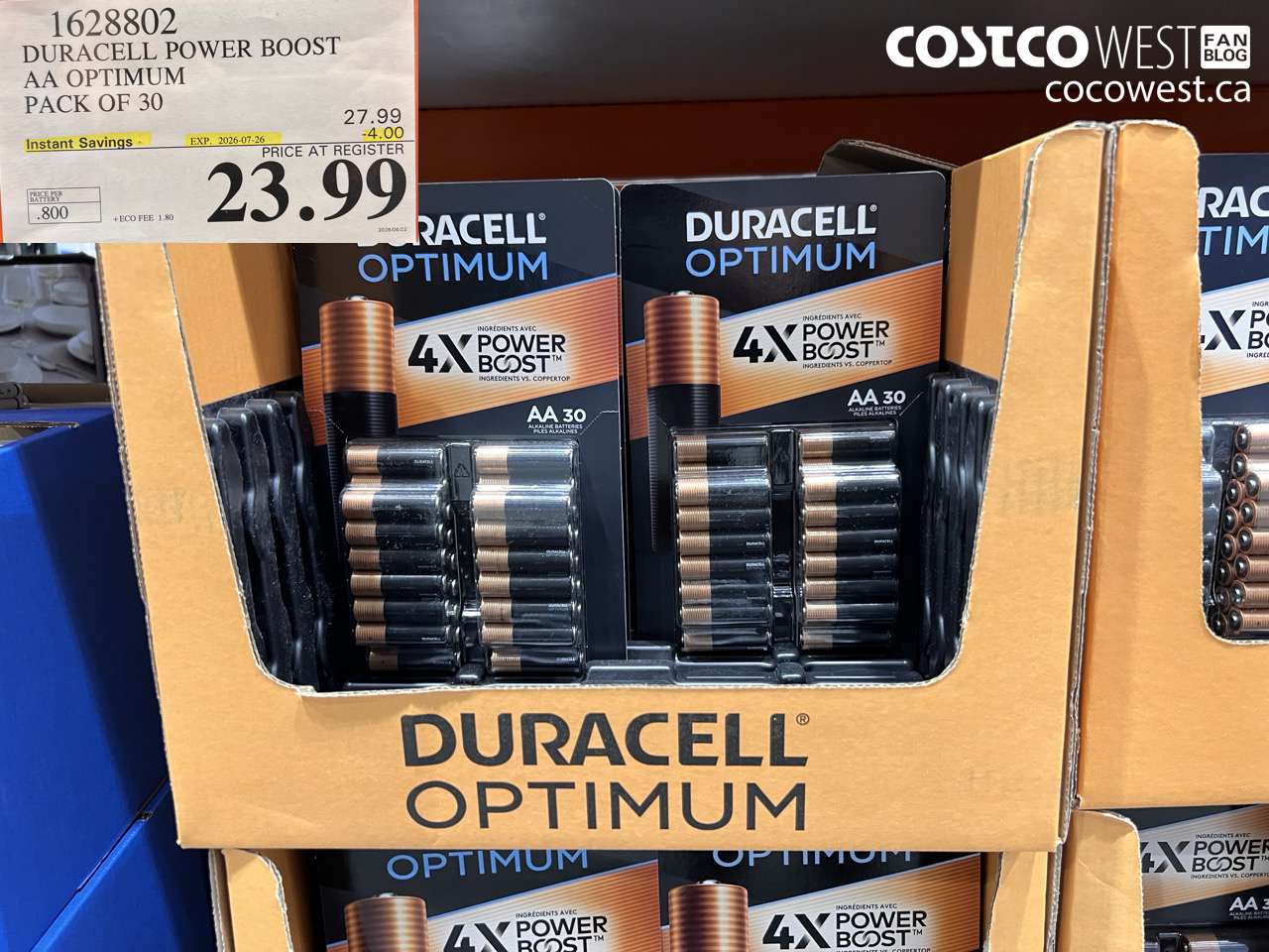 1628802 DURACELL POWER BOOST AA OPTIMUM PACK OF 30 ($4.00 INSTANT SAVINGS EXPIRES ON 2026-07-26) $23.99