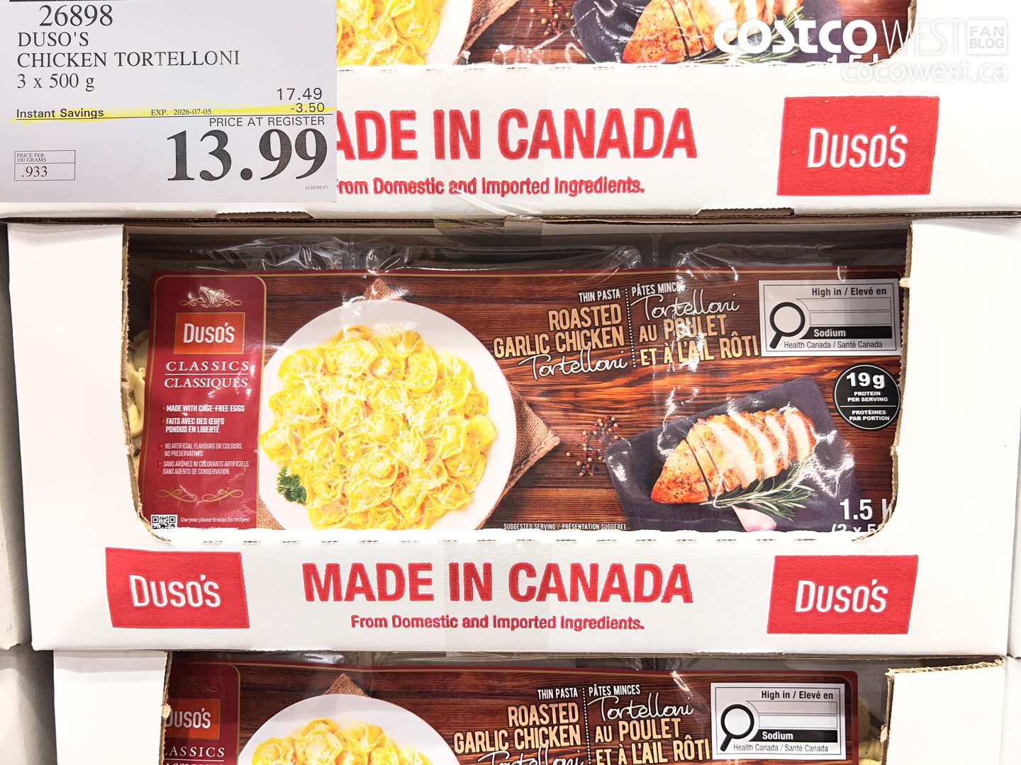 26898 DUSO'S CHICKEN TORTELLONI 3 X 500 G ($3.50 INSTANT SAVINGS EXPIRES ON 2026-07-05) $13.99