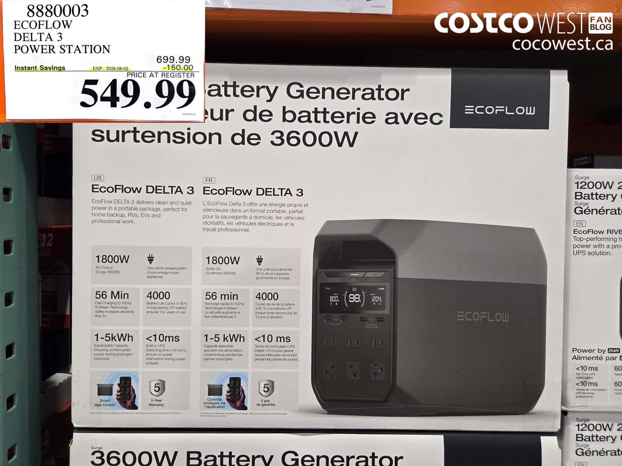 8880003 ECOFLOW DELTA 3 POWER STATION ($150.00 INSTANT SAVINGS EXPIRES ON 2026-08-02) $549.99