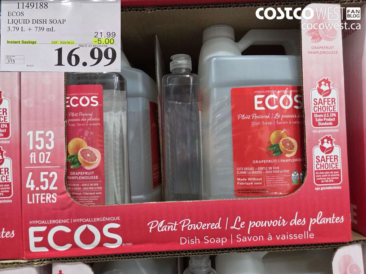 1149188 ECOS LIQUID DISH SOAP 3.79 L + 739 ML ($5.00 INSTANT SAVINGS EXPIRES ON 2026-06-21) $16.99