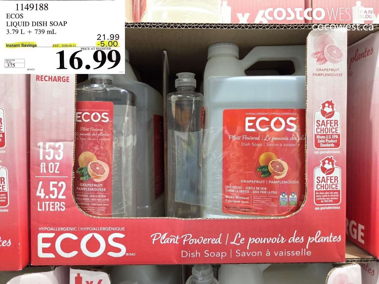 1149188 ECOS LIQUID DISH SOAP 3.79 L + 739 ML ($5.00 INSTANT SAVINGS EXPIRES ON 2026-06-21) $16.99