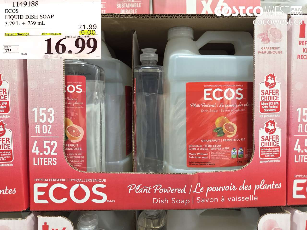 1149188 ECOS LIQUID DISH SOAP 3.79 L + 739 ML ($5.00 INSTANT SAVINGS EXPIRES ON 2026-06-21) $16.99