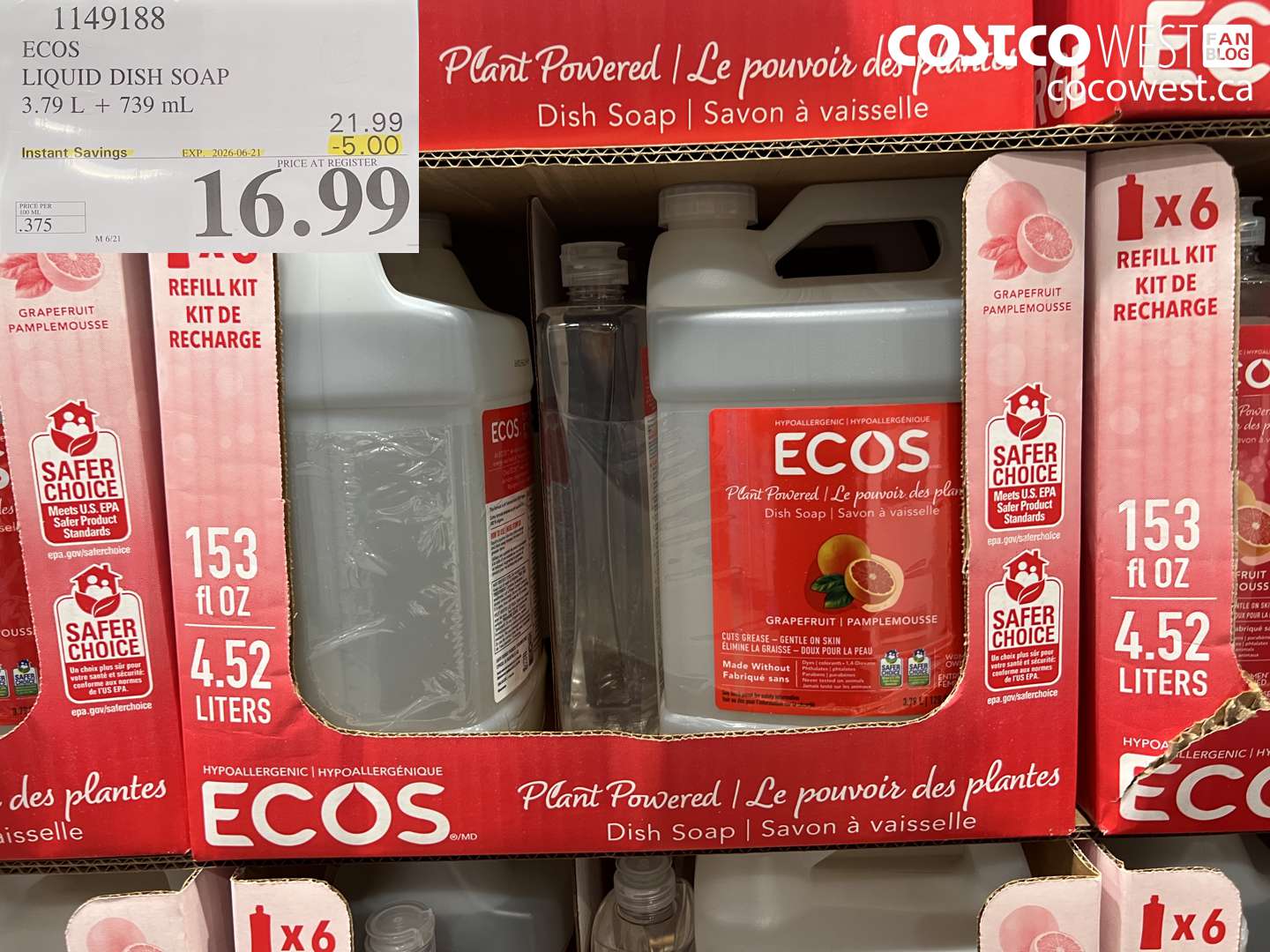 1149188 ECOS LIQUID DISH SOAP 3.79 L + 739 ML ($5.00 INSTANT SAVINGS EXPIRES ON 2026-06-21) $16.99