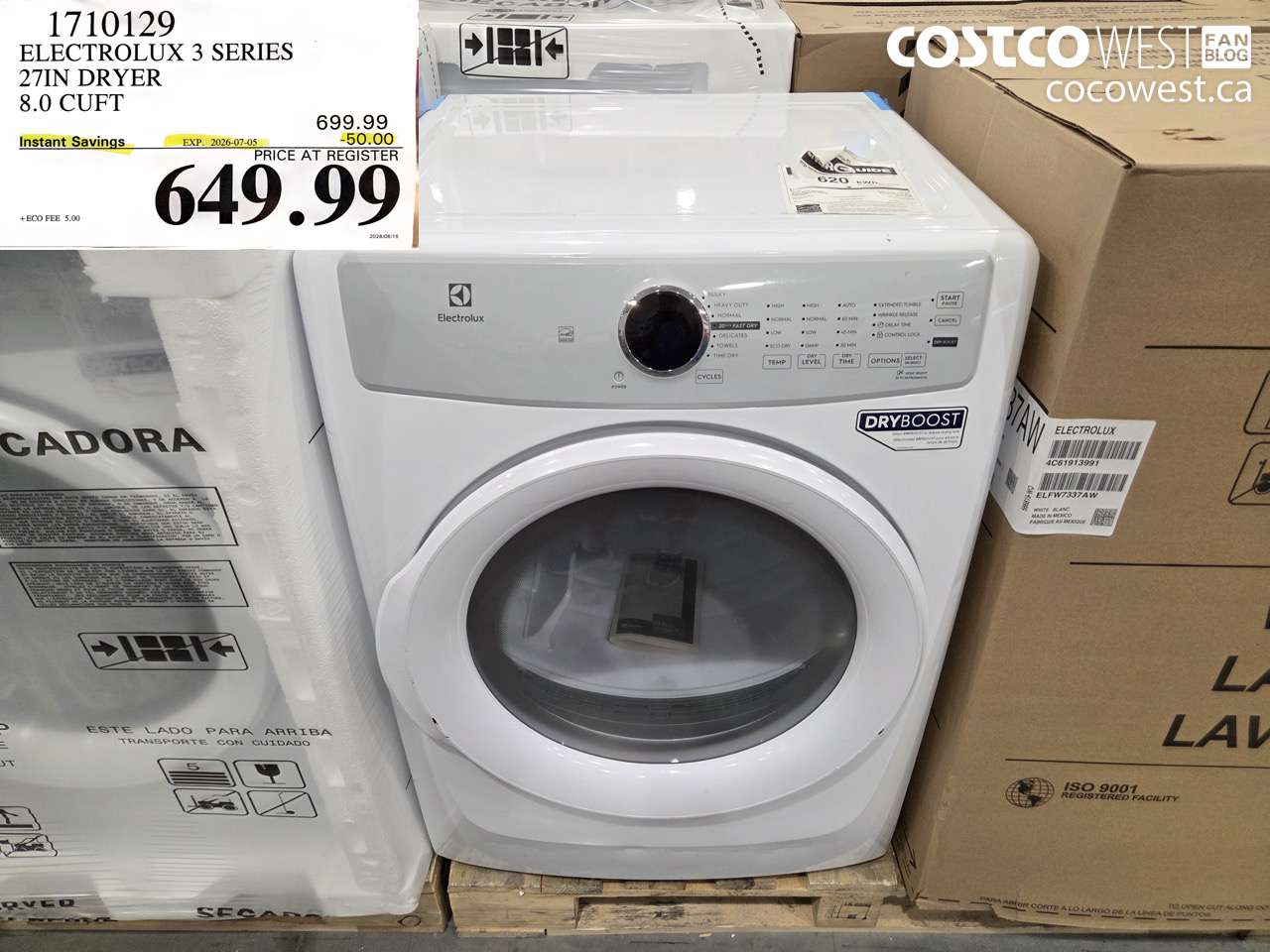 1710129 ELECTROLUX 3 SERIES 27IN DRYER 8.0 CUFT ($50.00 INSTANT SAVINGS EXPIRES ON 2026-07-05) $649.99