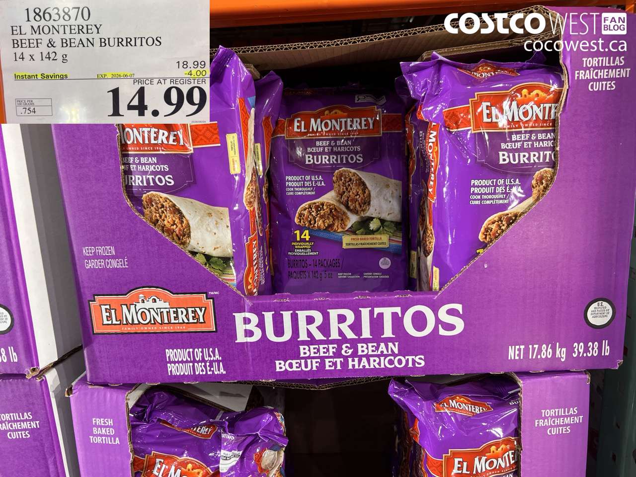 1863870 EL MONTEREY BEEF & BEAN BURRITOS 14 X 142 G ($4.00 INSTANT SAVINGS EXPIRES ON 2026-06-07) $14.99