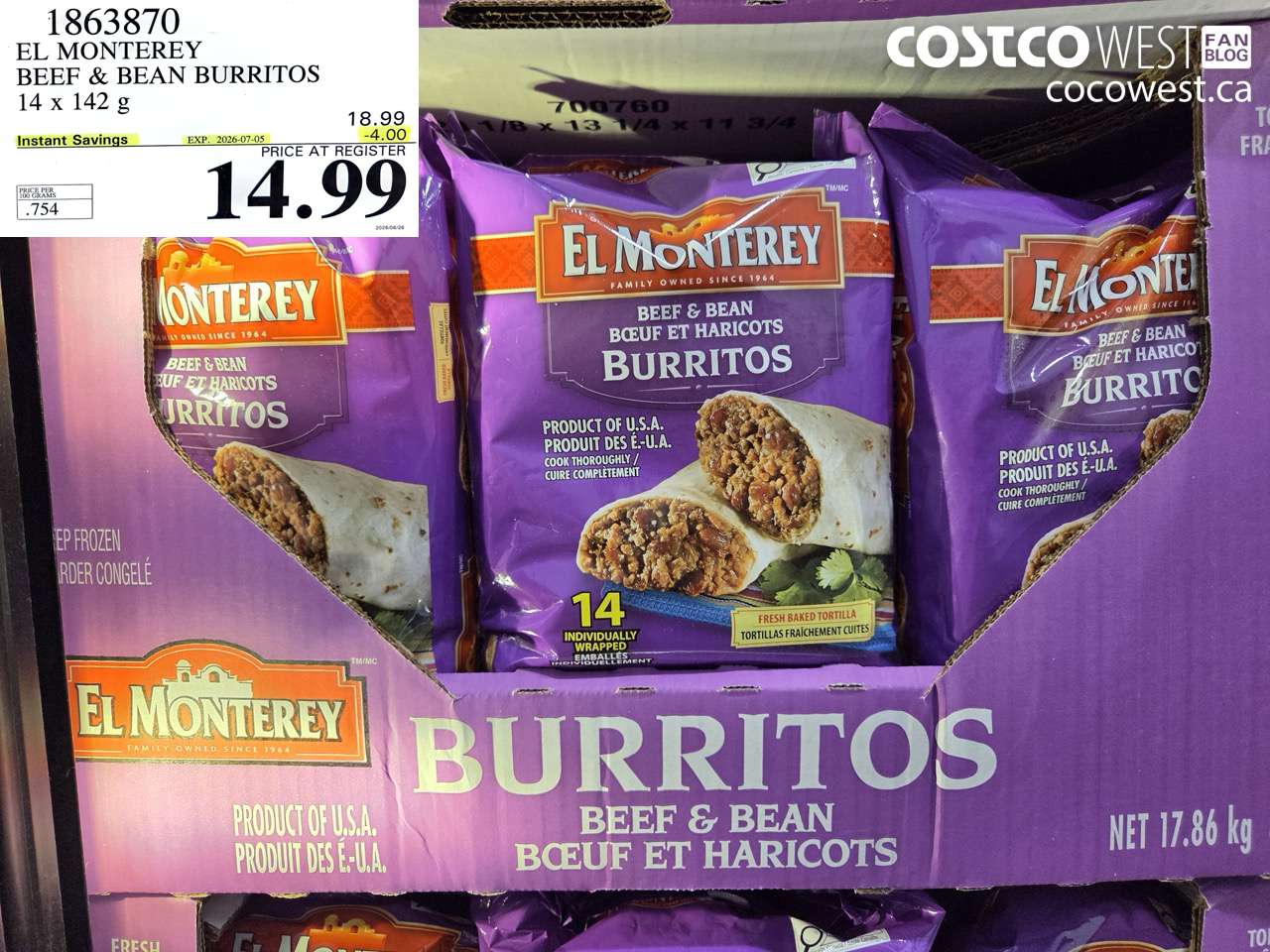 1863870 EL MONTEREY BEEF & BEAN BURRITOS 14 X 142 G ($4.00 INSTANT SAVINGS EXPIRES ON 2026-07-05) $14.99