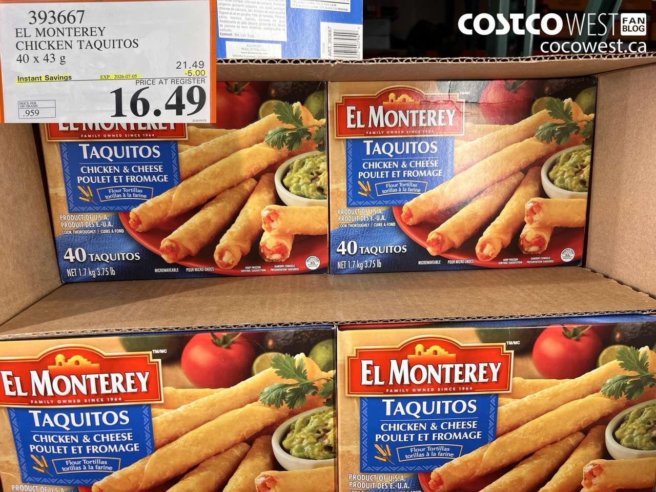 393667 EL MONTEREY CHICKEN TAQUITOS 40 X 43 G ($5.00 INSTANT SAVINGS EXPIRES ON 2026-07-05) $16.49