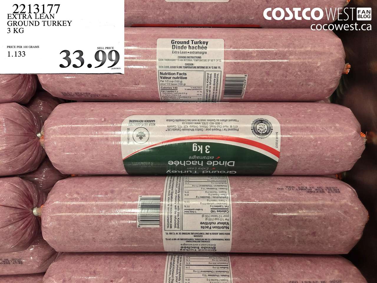 2213177 EXTRA LEAN GROUND TURKEY 3 KG $33.99