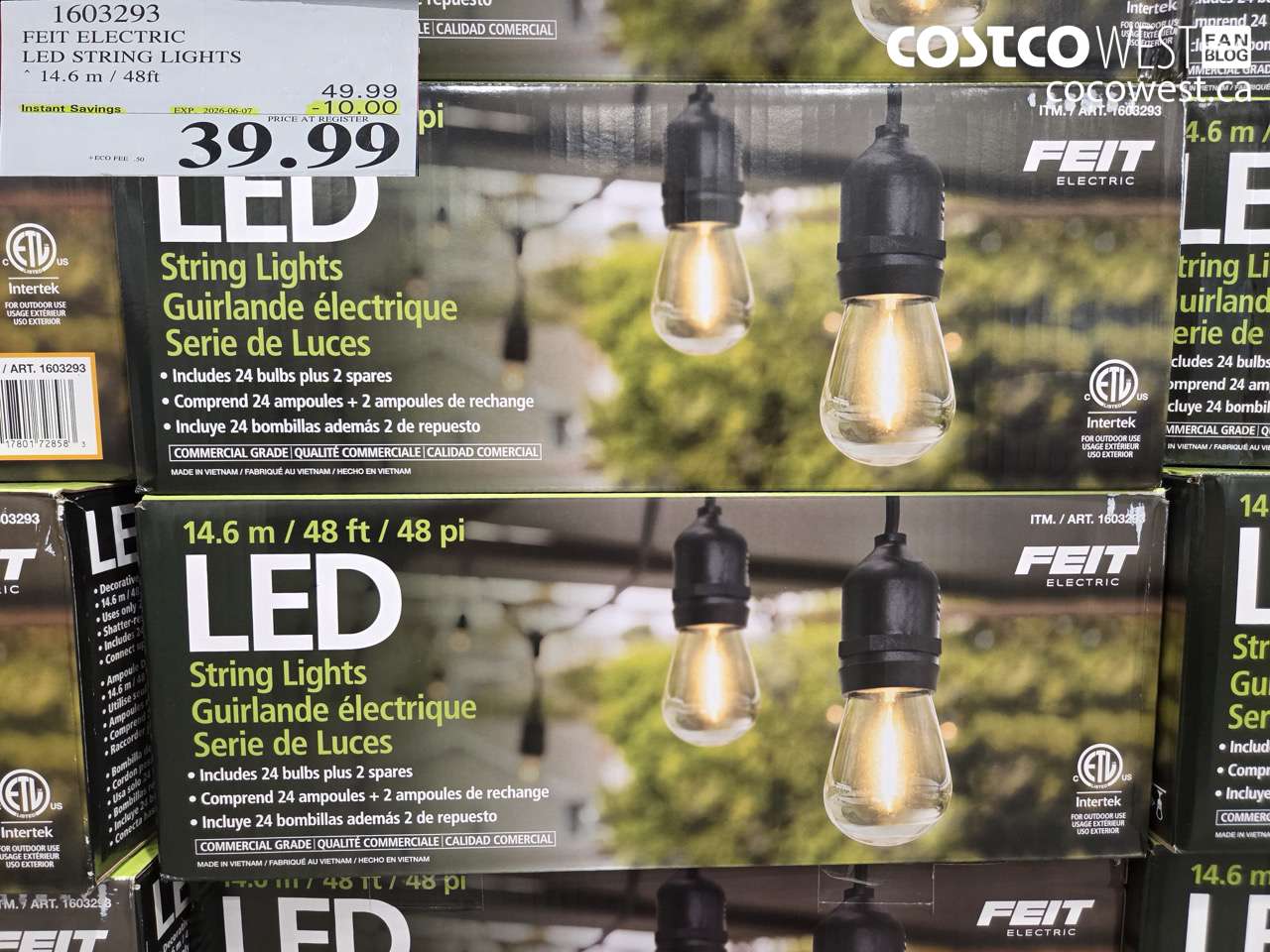 1603293 FEIT ELECTRIC LED STRING LIGHTS 14.6 M / 48FT ($10.00 INSTANT SAVINGS EXPIRES ON 2026-06-07) $39.99