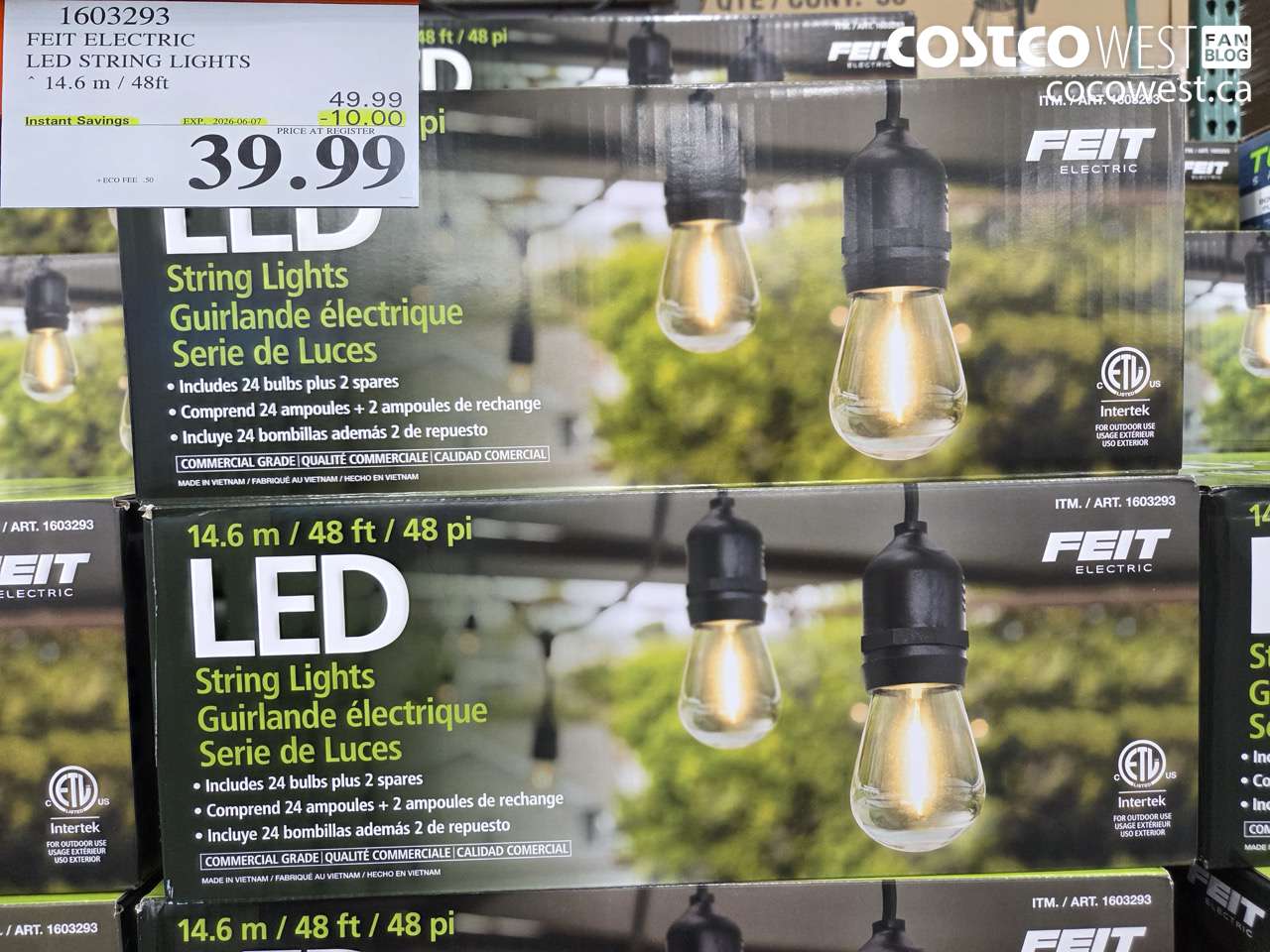 1603293 FEIT ELECTRIC LED STRING LIGHTS 14.6 M / 48FT ($10.00 INSTANT SAVINGS EXPIRES ON 2026-06-07) $39.99