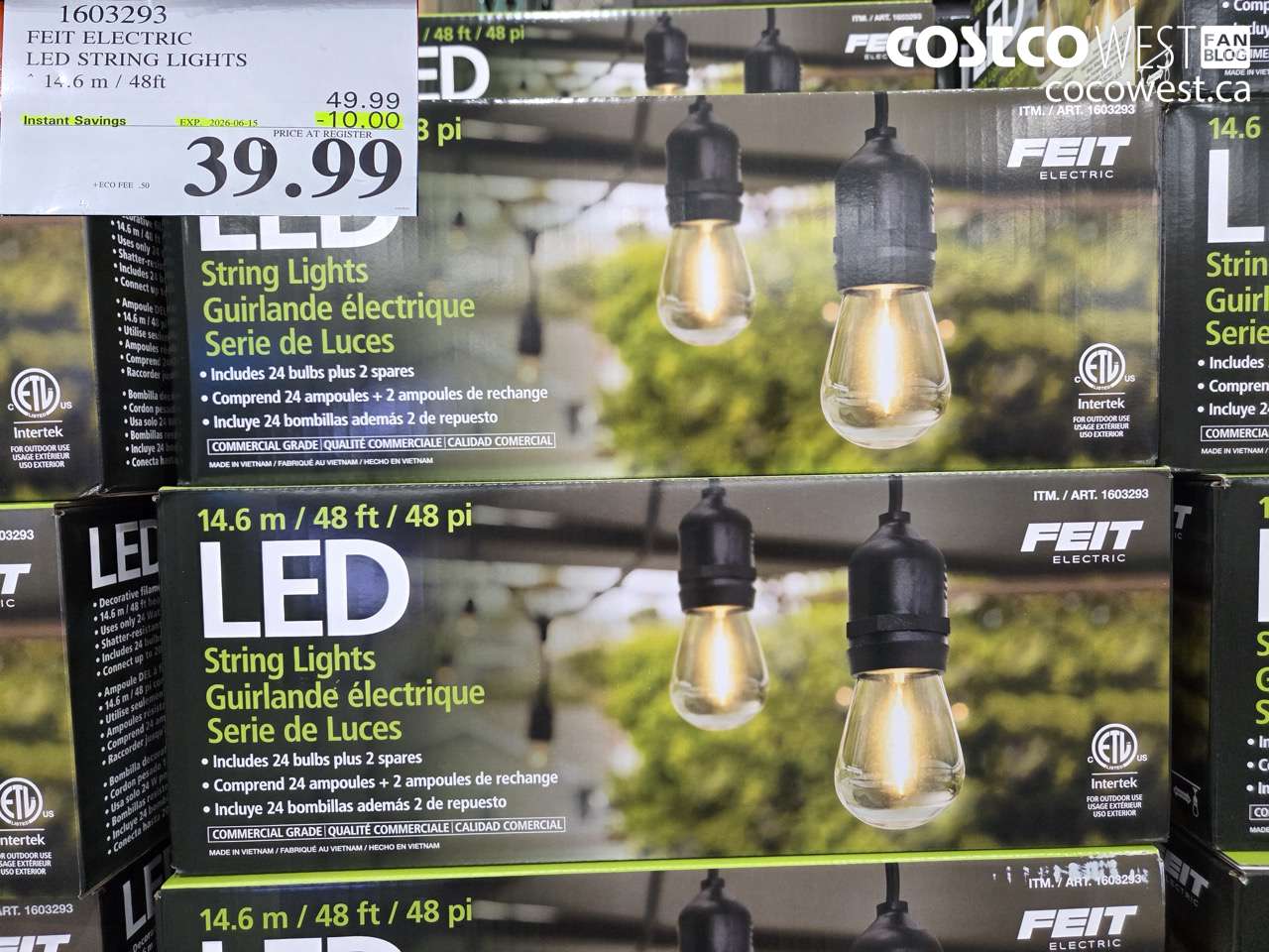 1603293 FEIT ELECTRIC LED STRING LIGHTS 14.6 M / 48FT ($10.00 INSTANT SAVINGS EXPIRES ON 2026-06-15) $39.99
