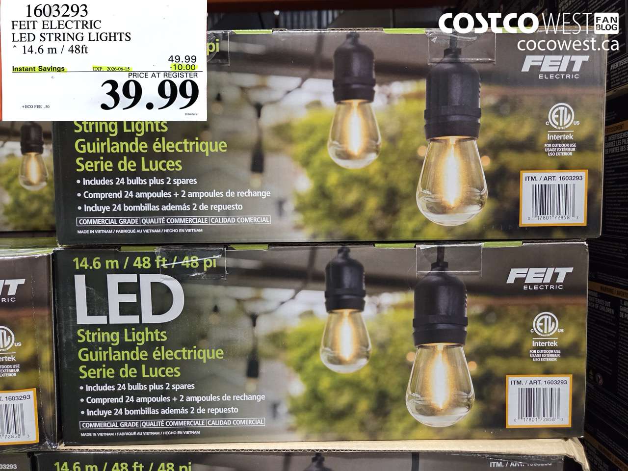 1603293 FEIT ELECTRIC LED STRING LIGHTS 14.6 M / 48FT ($10.00 INSTANT SAVINGS EXPIRES ON 2026-06-15) $39.99