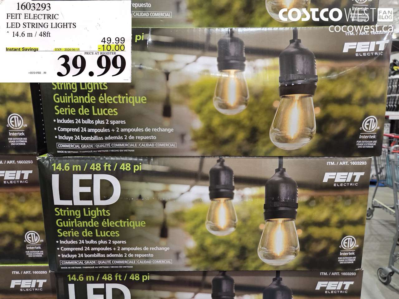 1603293 FEIT ELECTRIC LED STRING LIGHTS 14.6 M / 48FT ($10.00 INSTANT SAVINGS EXPIRES ON 2026-06-15) $39.99