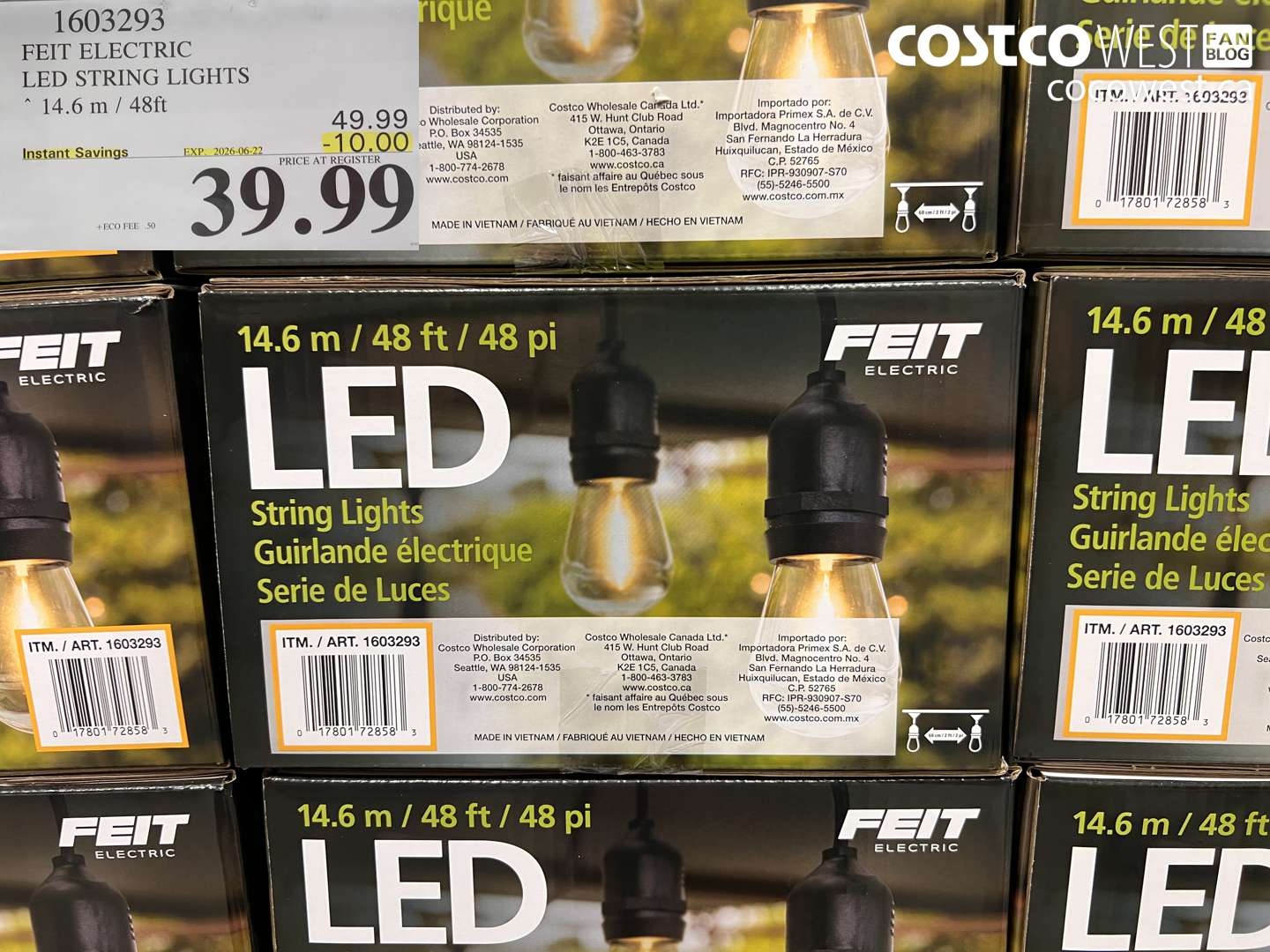 1603293 FEIT ELECTRIC LED STRING LIGHTS 14.6 M / 48FT ($10.00 INSTANT SAVINGS EXPIRES ON 2026-06-22) $39.99
