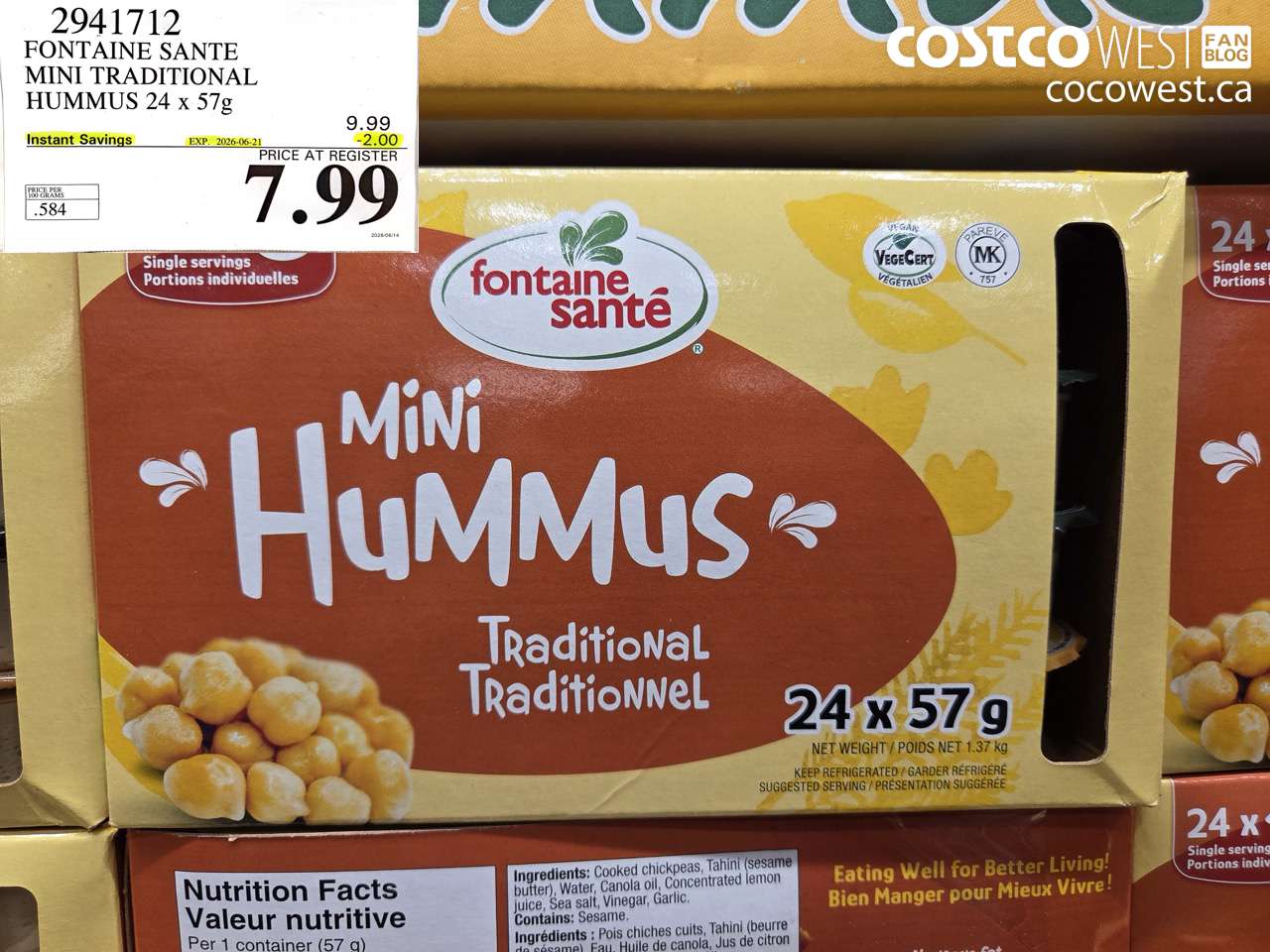 2941712 FONTAINE SANTE MINI TRADITIONAL HUMMUS 24 X 57G ($2.00 INSTANT SAVINGS EXPIRES ON 2026-06-21) $7.99